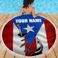 Round Puerto Rico flag beach blanket with fish hook design and “YOUR NAME” lettering, fringe