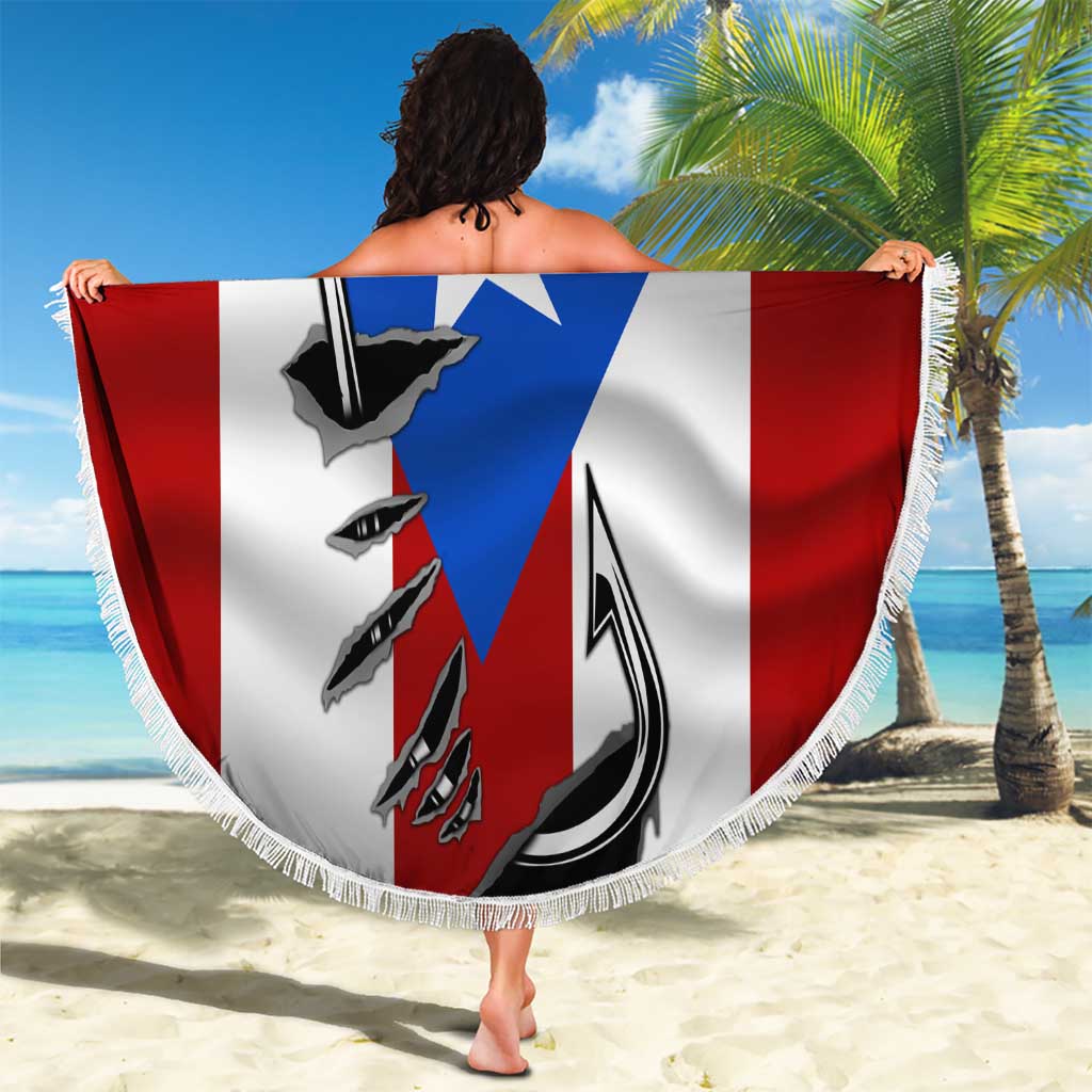 Round beach blanket with Puerto Rico flag print, fish hook graphics, “YOUR NAME” text, fringe