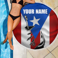 Round Puerto Rico flag beach blanket with fish hook icons and “YOUR NAME” text, white fringe