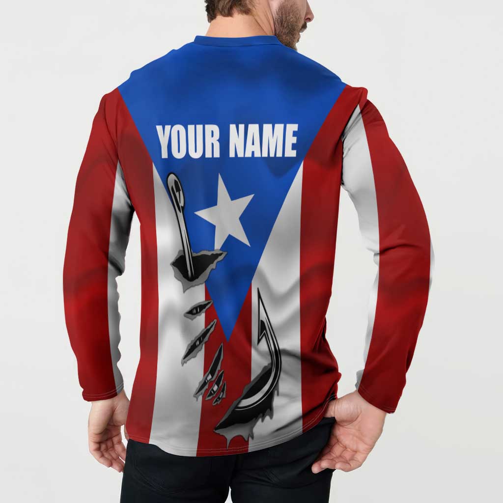 Puerto Rico Fishing Button Sweatshirt Fish Hook Flag PR Custom Name - Wonder Print Shop