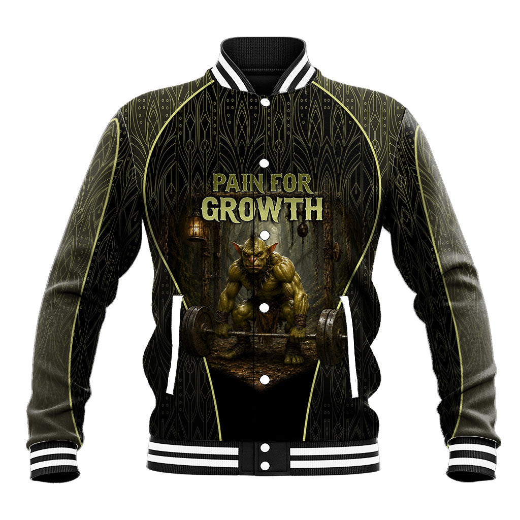 Personalized Muscular Goblin Weightlifting Baseball Jacket Pain For Growth Dark Fantasy Gym Graphic