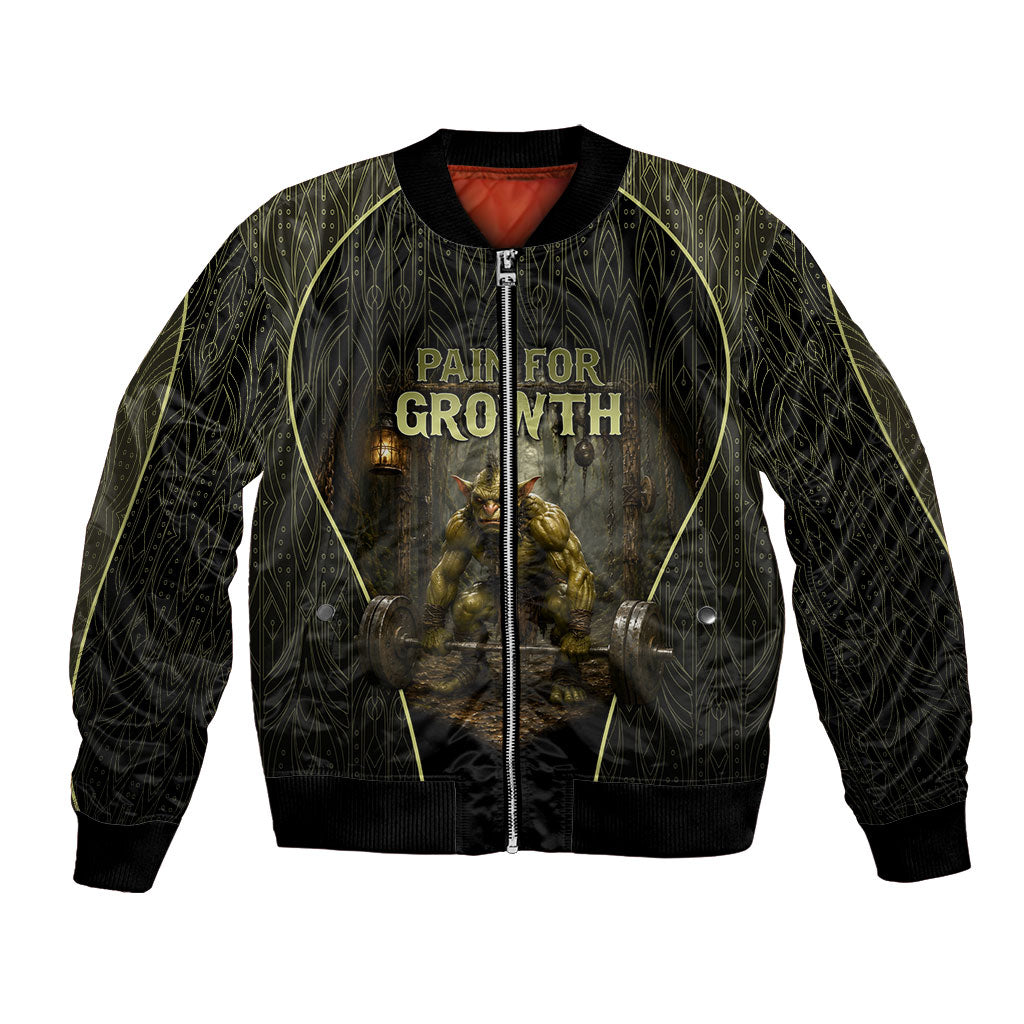 Personalized Muscular Goblin Weightlifting Bomber Jacket Pain For Growth Dark Fantasy Gym Graphic