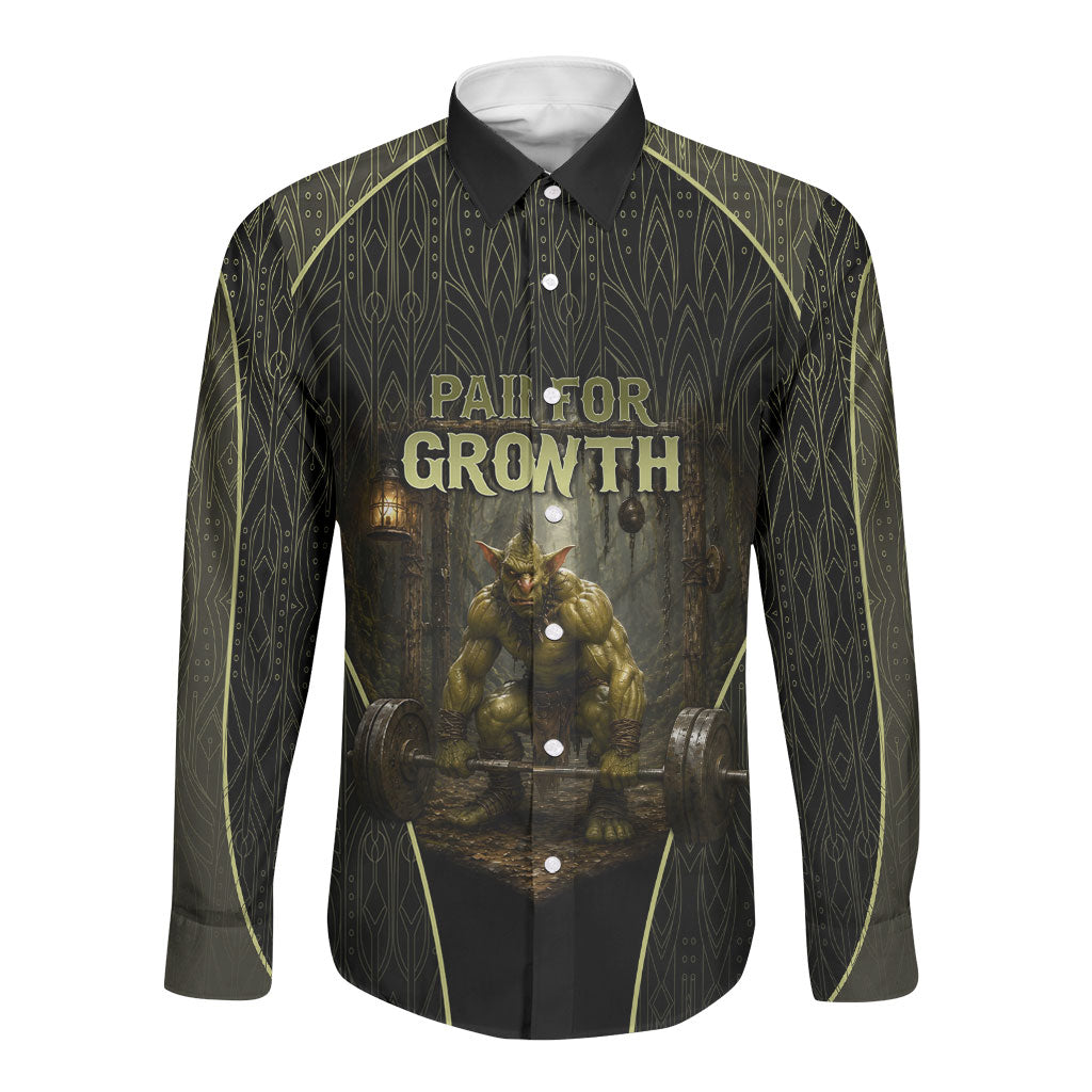 Personalized Muscular Goblin Weightlifting Long Sleeve Button Shirt Pain For Growth Dark Fantasy Gym Graphic