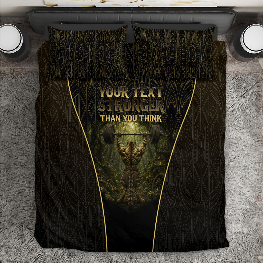 Personalized Muscular Cat Weightlifting Bedding Set Pain For Growth Dark Fantasy Gym Graphic