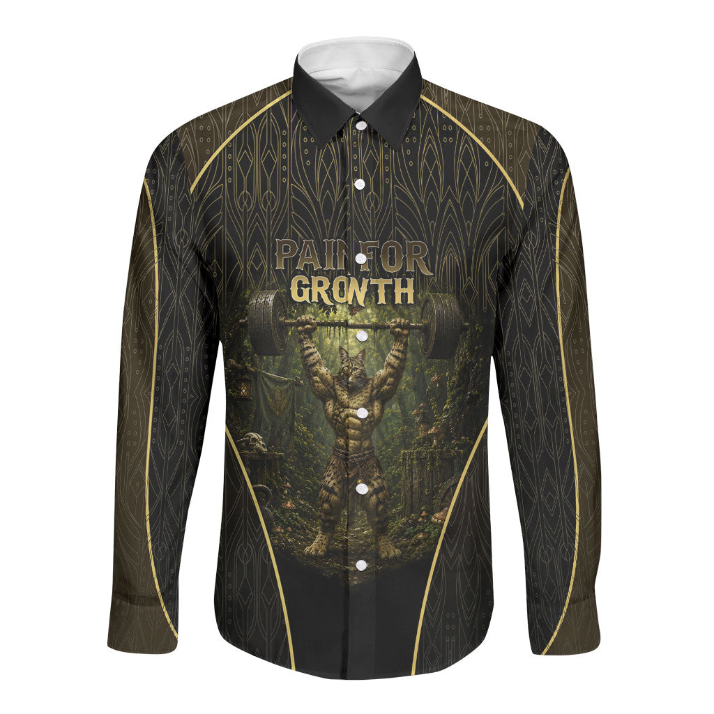 Personalized Muscular Cat Weightlifting Long Sleeve Button Shirt Pain For Growth Dark Fantasy Gym Graphic