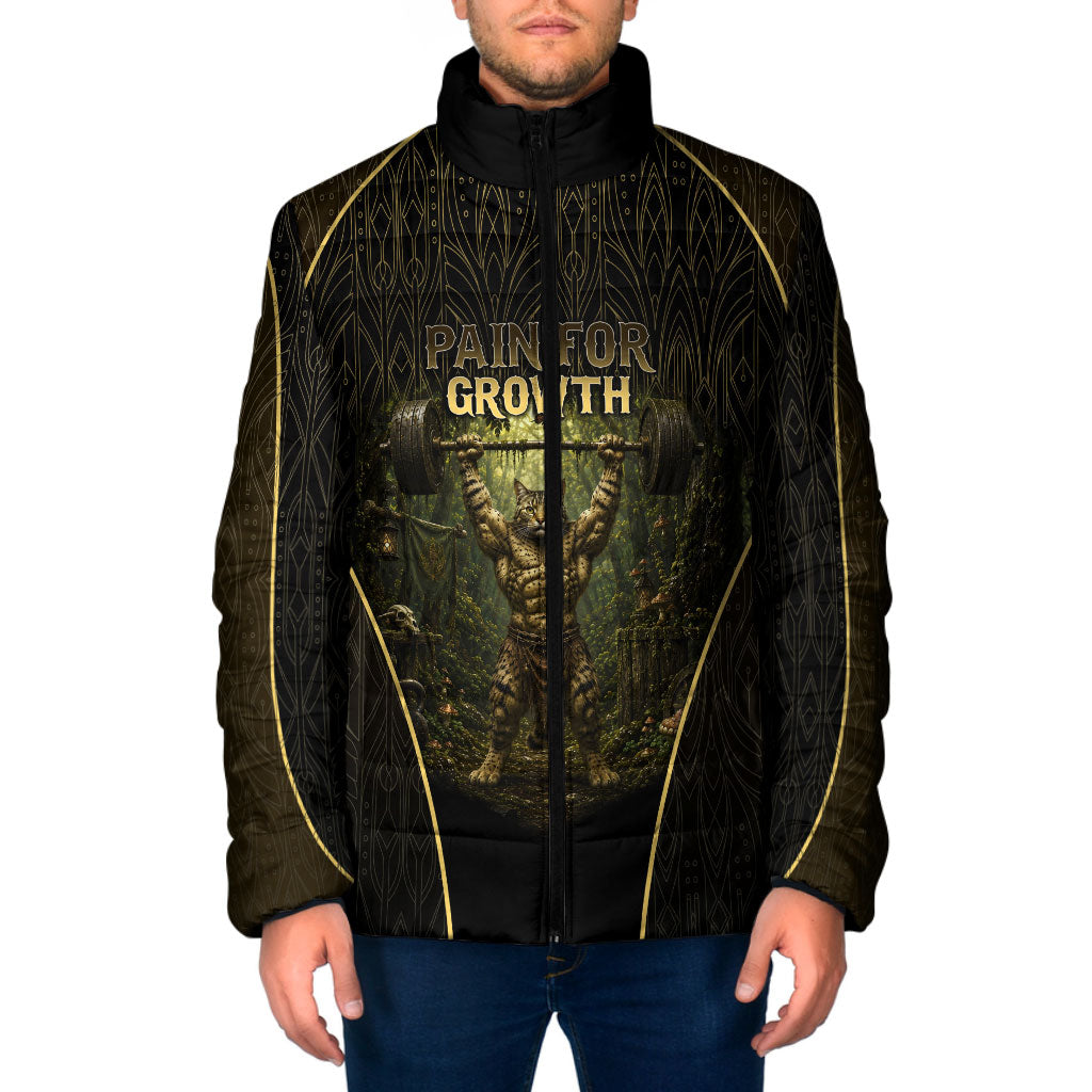 Personalized Muscular Cat Weightlifting Padded Jacket Pain For Growth Dark Fantasy Gym Graphic