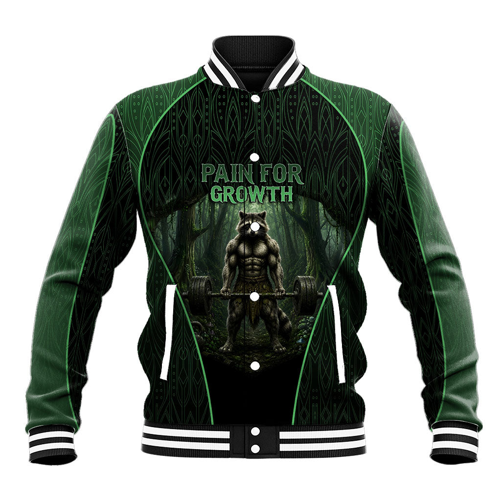 Personalized Muscular Raccoon Weightlifting Baseball Jacket Pain For Growth Dark Fantasy Gym Graphic