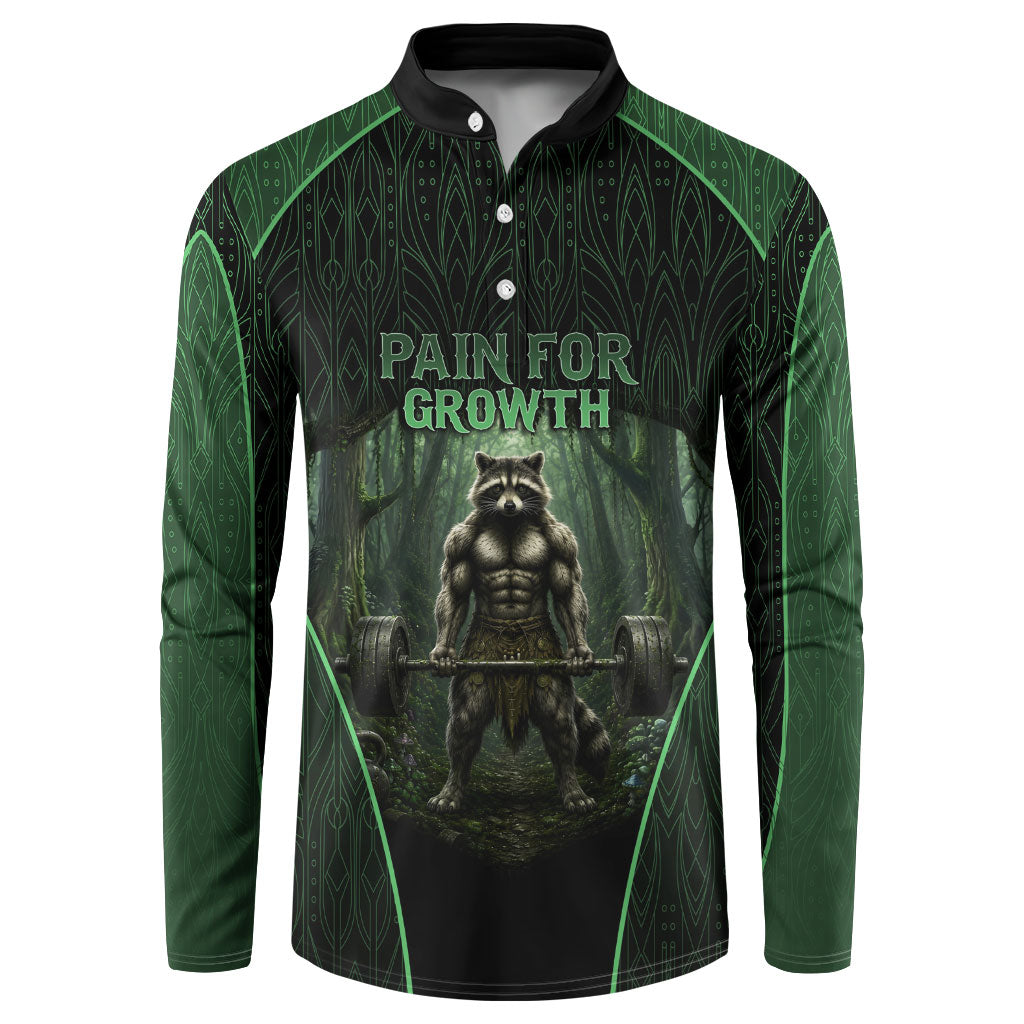 Personalized Muscular Raccoon Weightlifting Button Sweatshirt Pain For Growth Dark Fantasy Gym Graphic