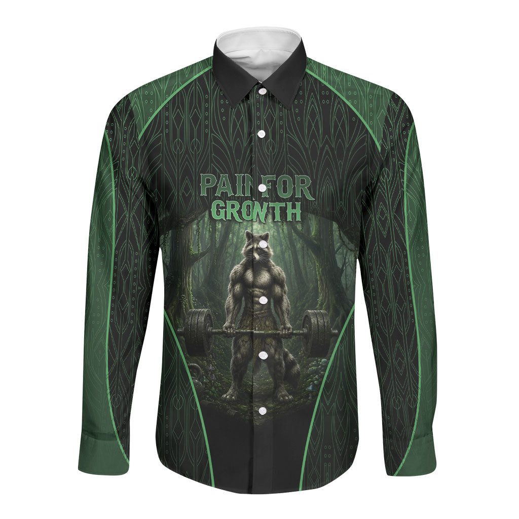 Personalized Muscular Raccoon Weightlifting Long Sleeve Button Shirt Pain For Growth Dark Fantasy Gym Graphic