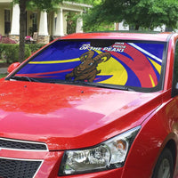 Auto windshield sun shade with cartoon ibex on blue, red, yellow stripes
