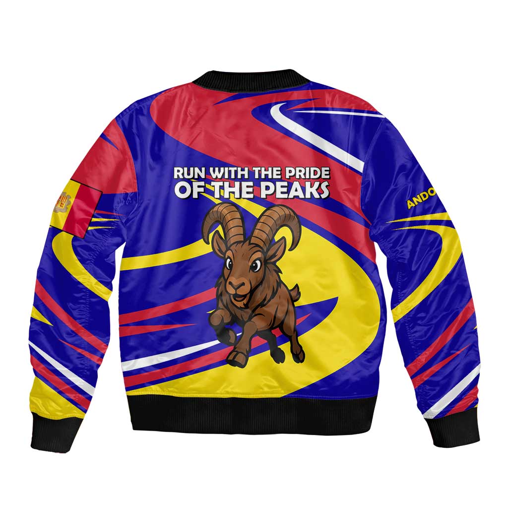 Multicolor bomber jacket back with cartoon ibex and slogan, rib-knit trim
