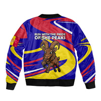 Multicolor bomber jacket back with cartoon ibex and slogan, rib-knit trim