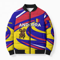Multicolor puffer bomber jacket with zip front, cartoon ibex patch, bold stripe pattern