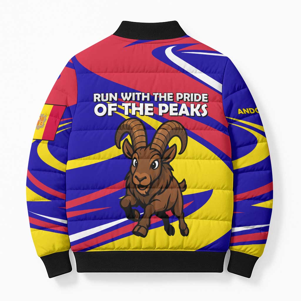 Multicolor puffer bomber jacket, blue-red-yellow stripes, ibex graphic, ribbed cuffs