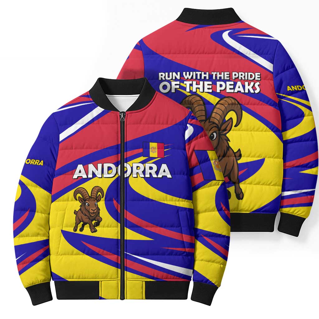 Multicolor puffer bomber jacket with front zip, cartoon ibex and 'RUN WITH THE PEAKS' print