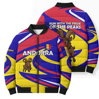 Multicolor puffer bomber jacket with front zip, cartoon ibex and 'RUN WITH THE PEAKS' print