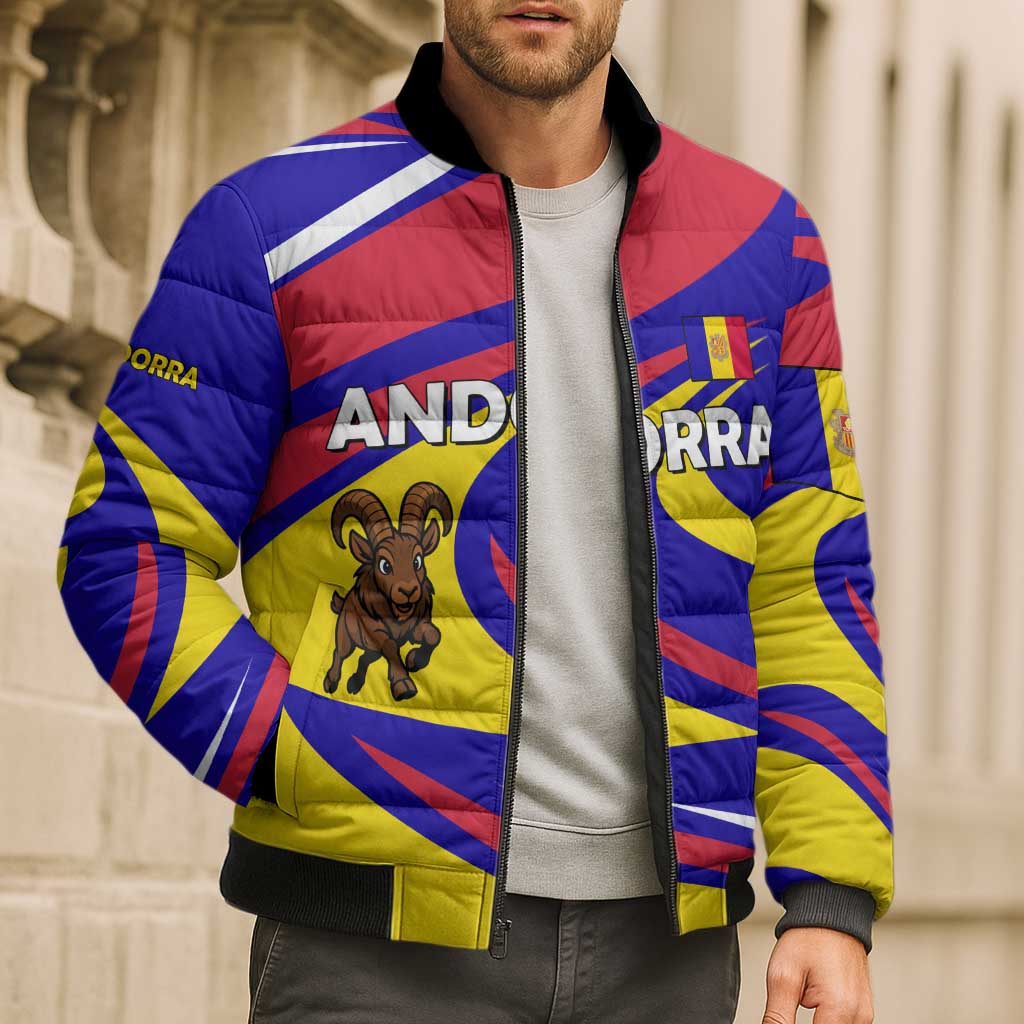 Multicolor puffer bomber jacket on model, zip front, cartoon ibex patch, ribbed collar