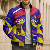 Multicolor puffer bomber jacket on model, zip front, cartoon ibex patch, ribbed collar