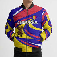 Multicolor puffer bomber jacket with zip front, stripe design, 'ANDORRA' graphic, ibex