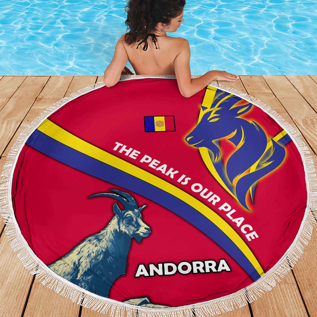 Red round beach blanket with fringed edge, goat graphic and Andorra branding