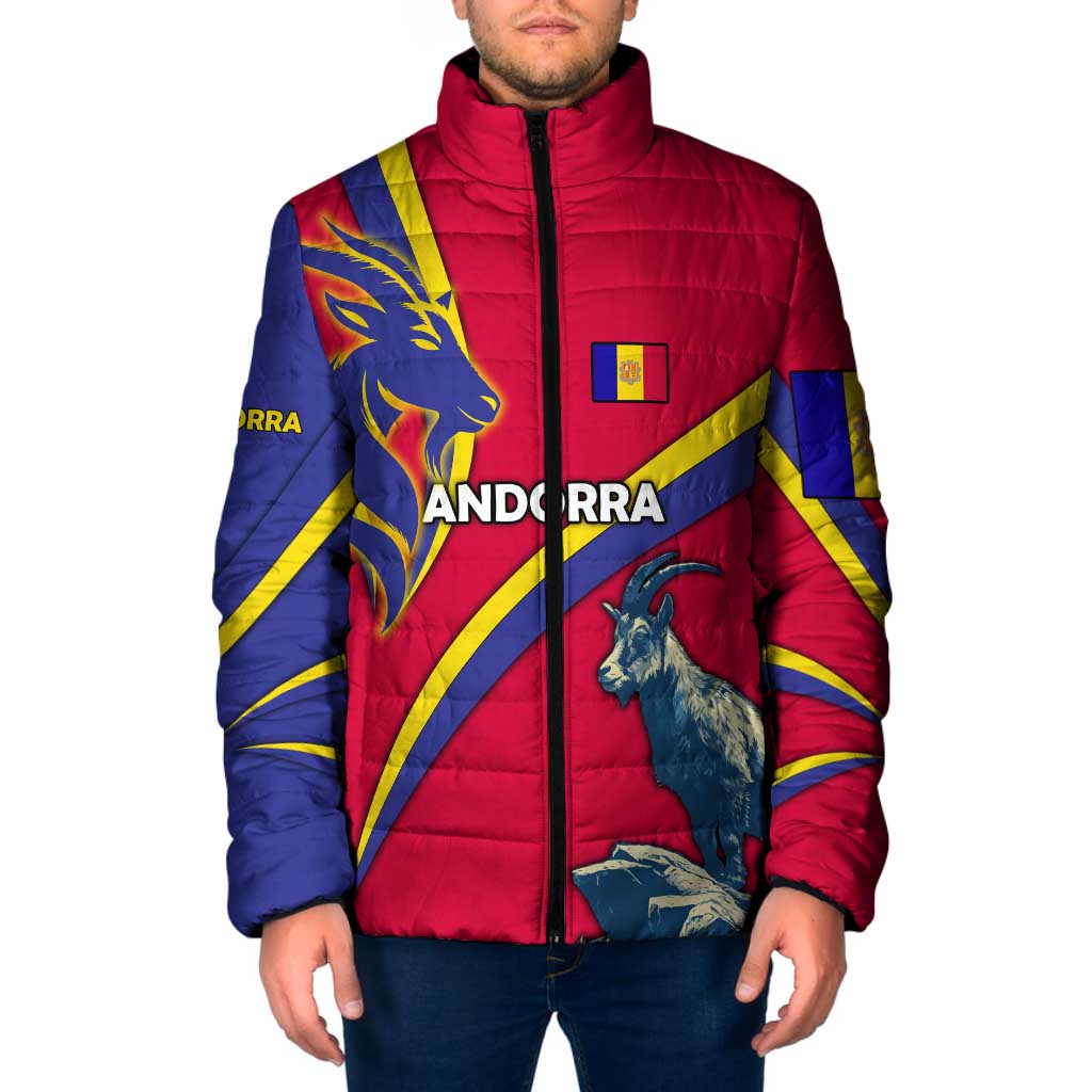 Andorra Padded Jacket with Mountain Goat and Curved Stripe Design - Wonder Print Shop