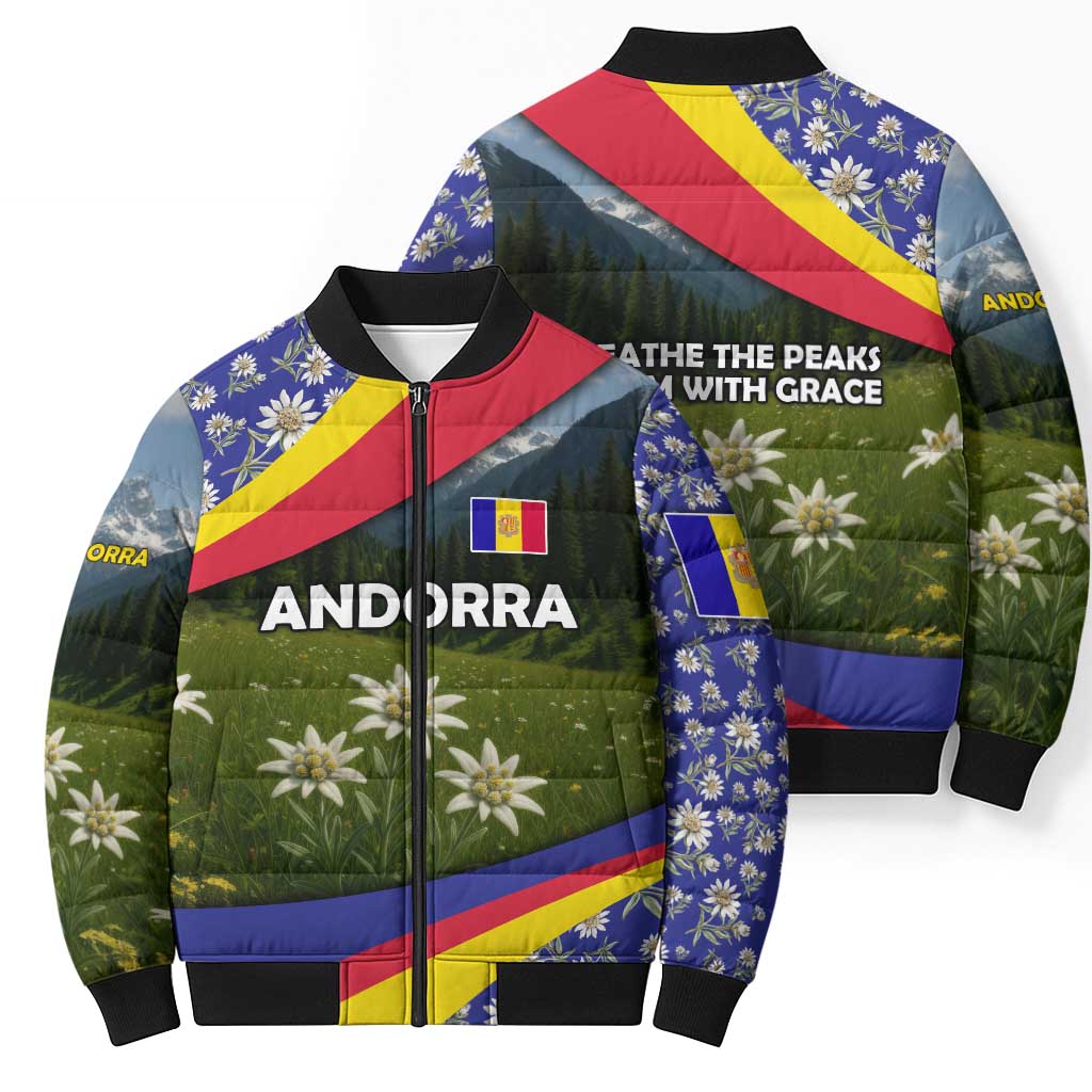 Andorra Bomber Puffer Jacket with Edelweiss Mountain Landscape Design - Wonder Print Shop