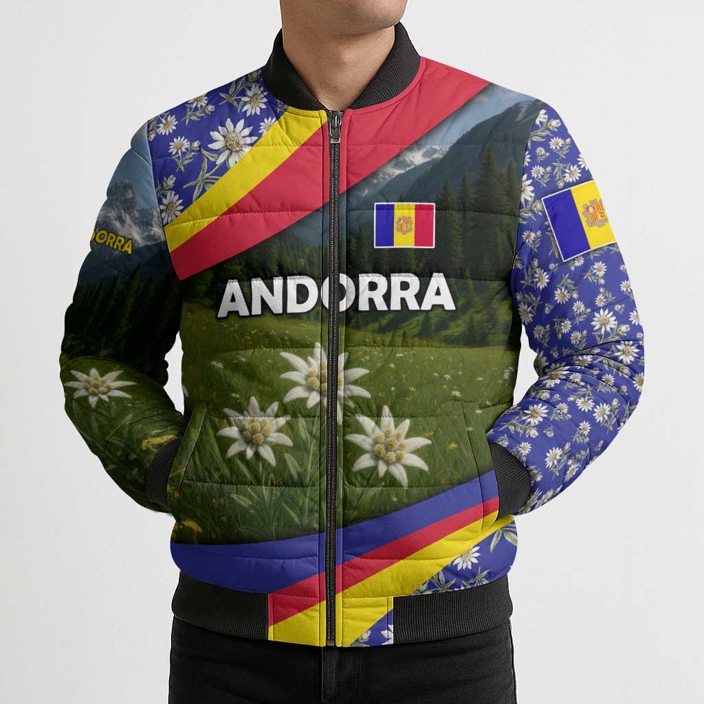 Andorra Bomber Puffer Jacket with Edelweiss Mountain Landscape Design - Wonder Print Shop