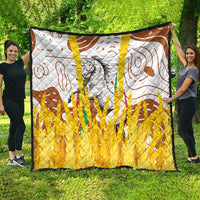 Multicolor quilt laid flat outdoors with gray horse, brown swirls, and bright yellow lower section