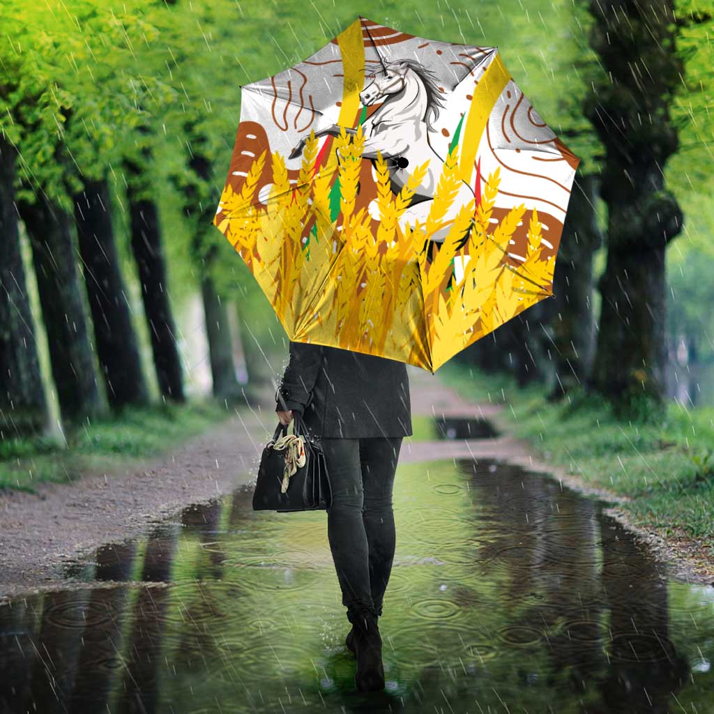 Abstract umbrella canopy with animal portrait and yellow leaf-like shapes