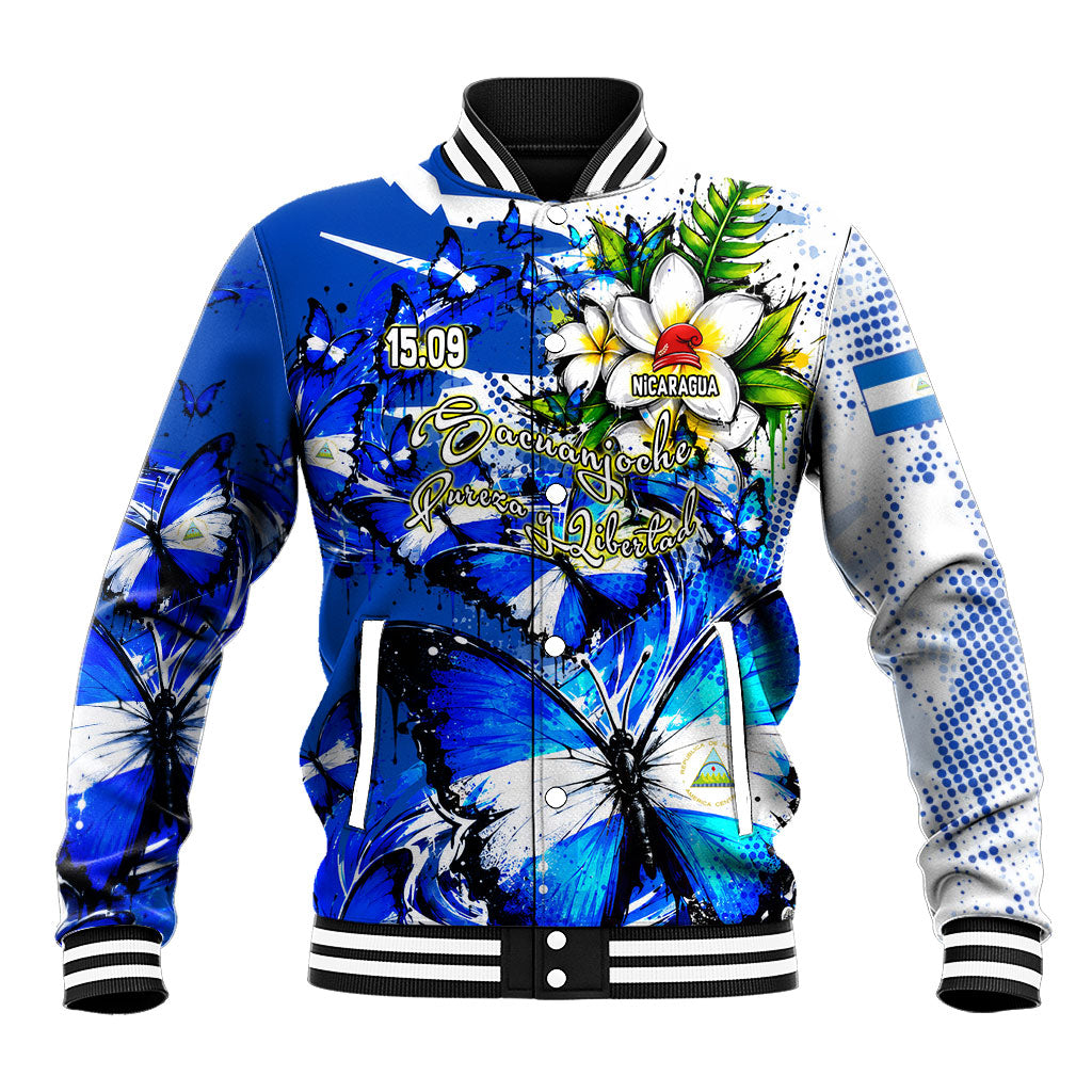 Nicaragua Independence Day Baseball Jacket Blue Butterfly Sacred Sacuanjoche Cultural Floral Art