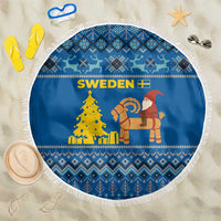 Sweden Christmas Beach Blanket with Gnome Yule Goat Royal Crest and Nordic Pattern - Wonder Print Shop
