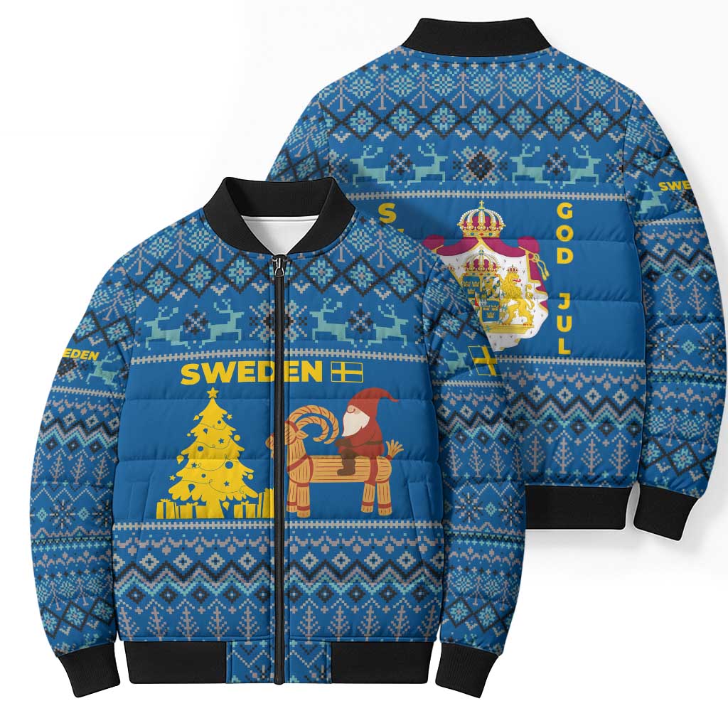 Sweden Christmas Bomber Puffer Jacket with Gnome Yule Goat Royal Crest and Nordic Pattern - Wonder Print Shop