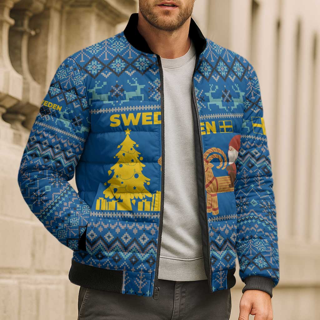 Sweden Christmas Bomber Puffer Jacket with Gnome Yule Goat Royal Crest and Nordic Pattern - Wonder Print Shop