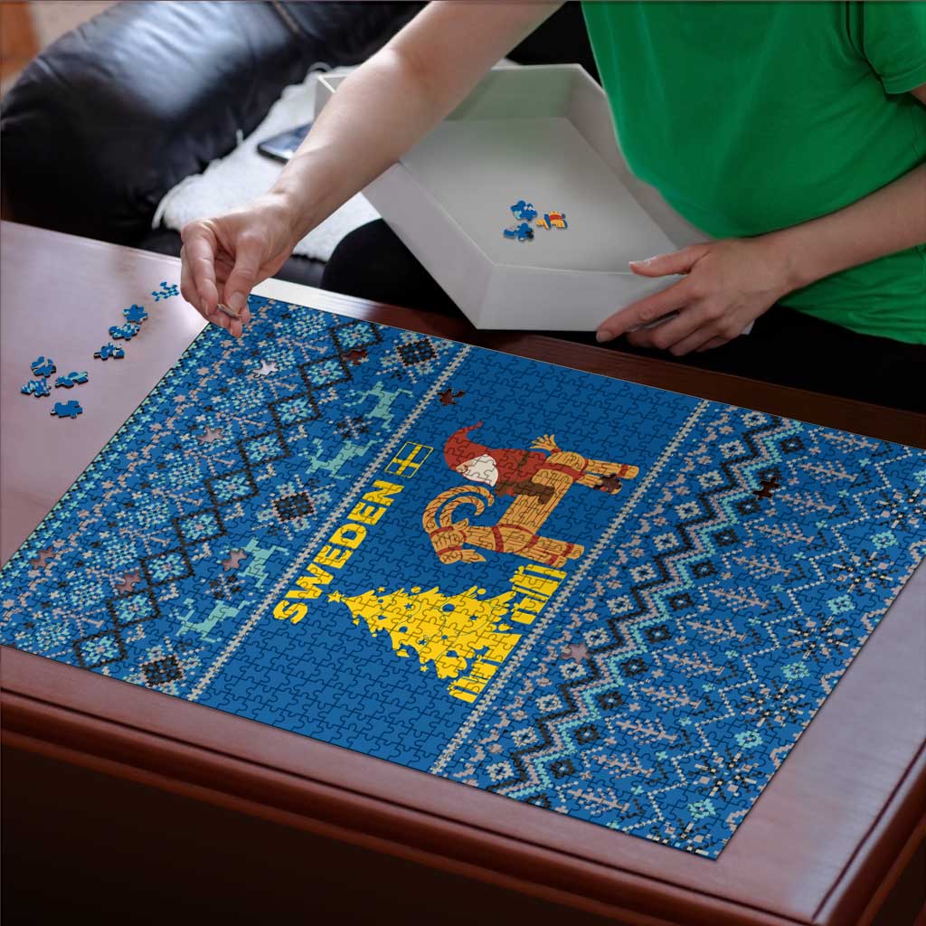 Sweden Christmas Puzzle with Gnome Yule Goat Royal Crest and Nordic Pattern - Wonder Print Shop