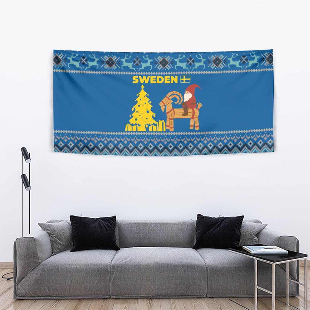 Sweden Christmas Tapestry with Gnome Yule Goat Royal Crest and Nordic Pattern - Wonder Print Shop