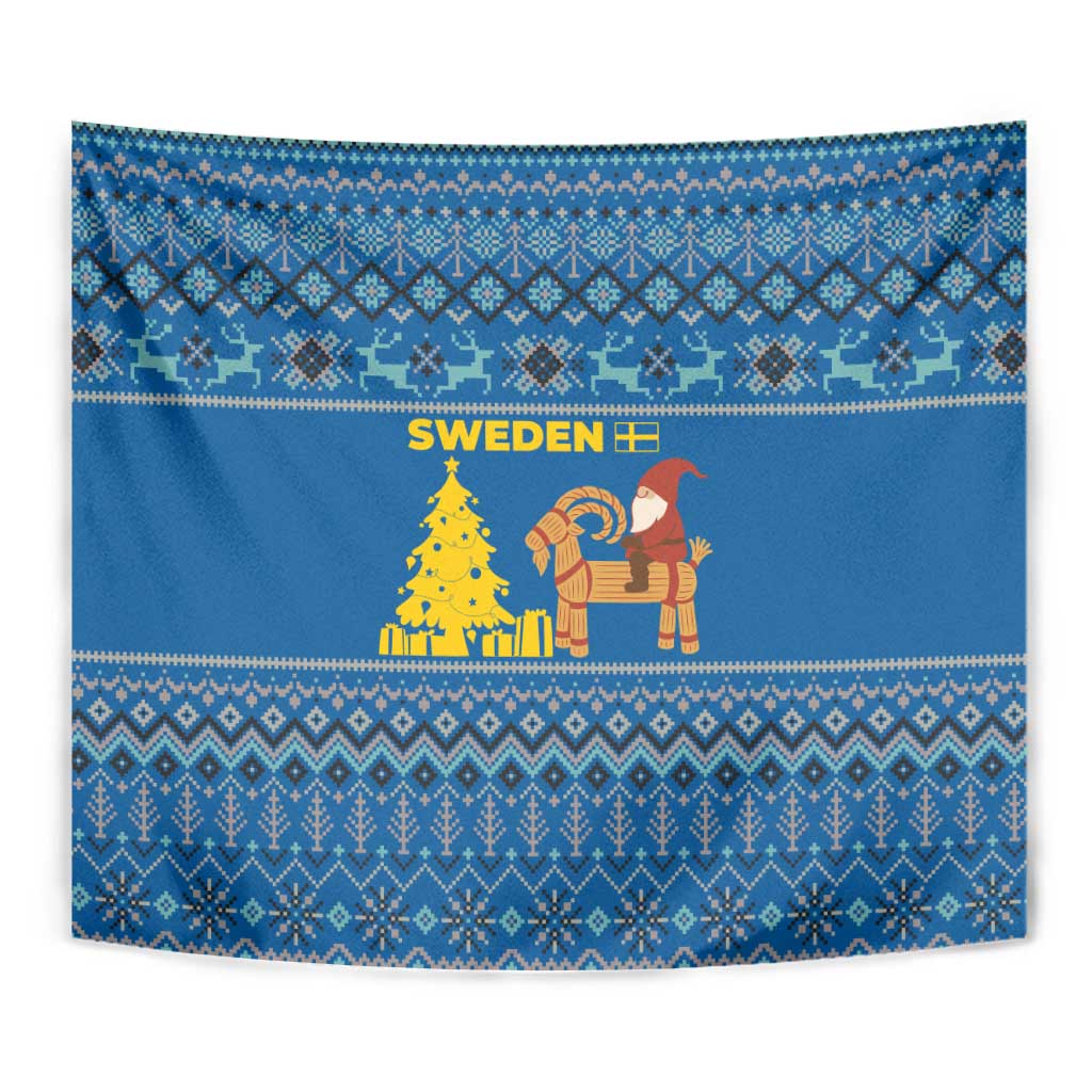 Sweden Christmas Tapestry with Gnome Yule Goat Royal Crest and Nordic Pattern - Wonder Print Shop