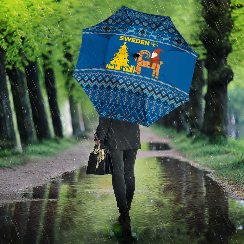 Sweden Christmas Umbrella with Gnome Yule Goat Royal Crest and Nordic Pattern - Wonder Print Shop
