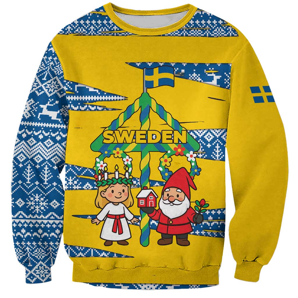 Sweden Christmas Sweatshirt with Santa Lucia Girl Midsummer Pole Swedish Flag and Nordic Pattern Design - Wonder Print Shop