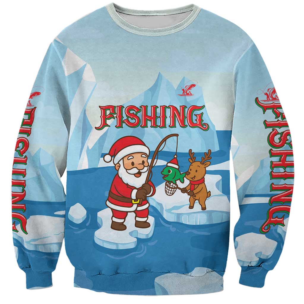 Christmas Fishing Sweatshirt with Santa Claus Reindeer Iceberg and Merry Fishmas Design - Wonder Print Shop