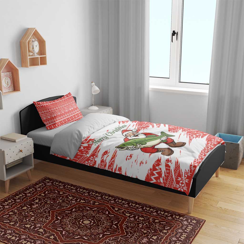 Christmas Fishing Bedding Set with Santa Claus Fish Tree and Red Snowflake Pattern - Wonder Print Shop