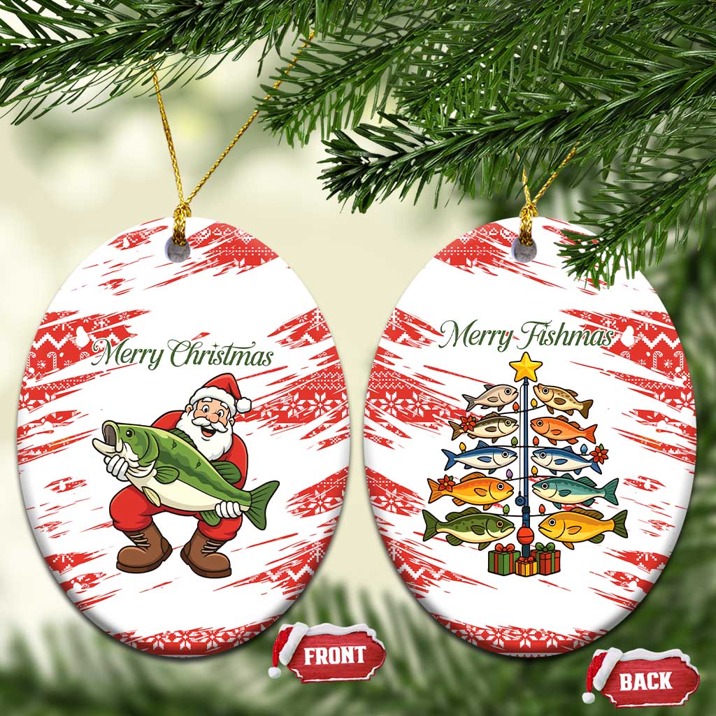 Christmas Fishing Ceramic Ornament with Santa Claus Fish Tree and Red Snowflake Pattern - Wonder Print Shop