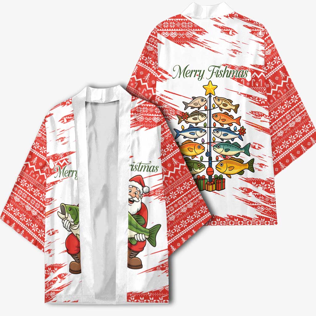 Christmas Fishing Kimono with Santa Claus Fish Tree and Red Snowflake Pattern - Wonder Print Shop