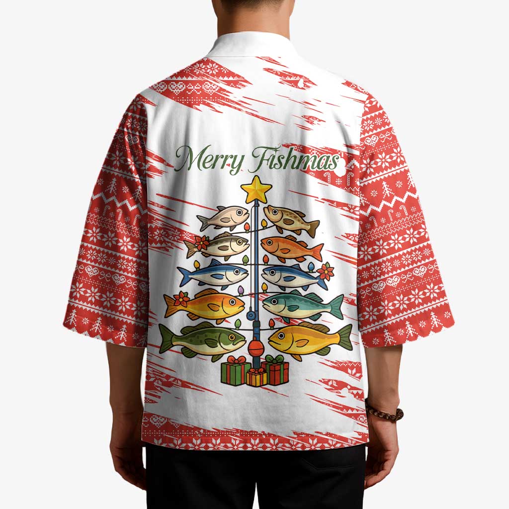 Christmas Fishing Kimono with Santa Claus Fish Tree and Red Snowflake Pattern - Wonder Print Shop