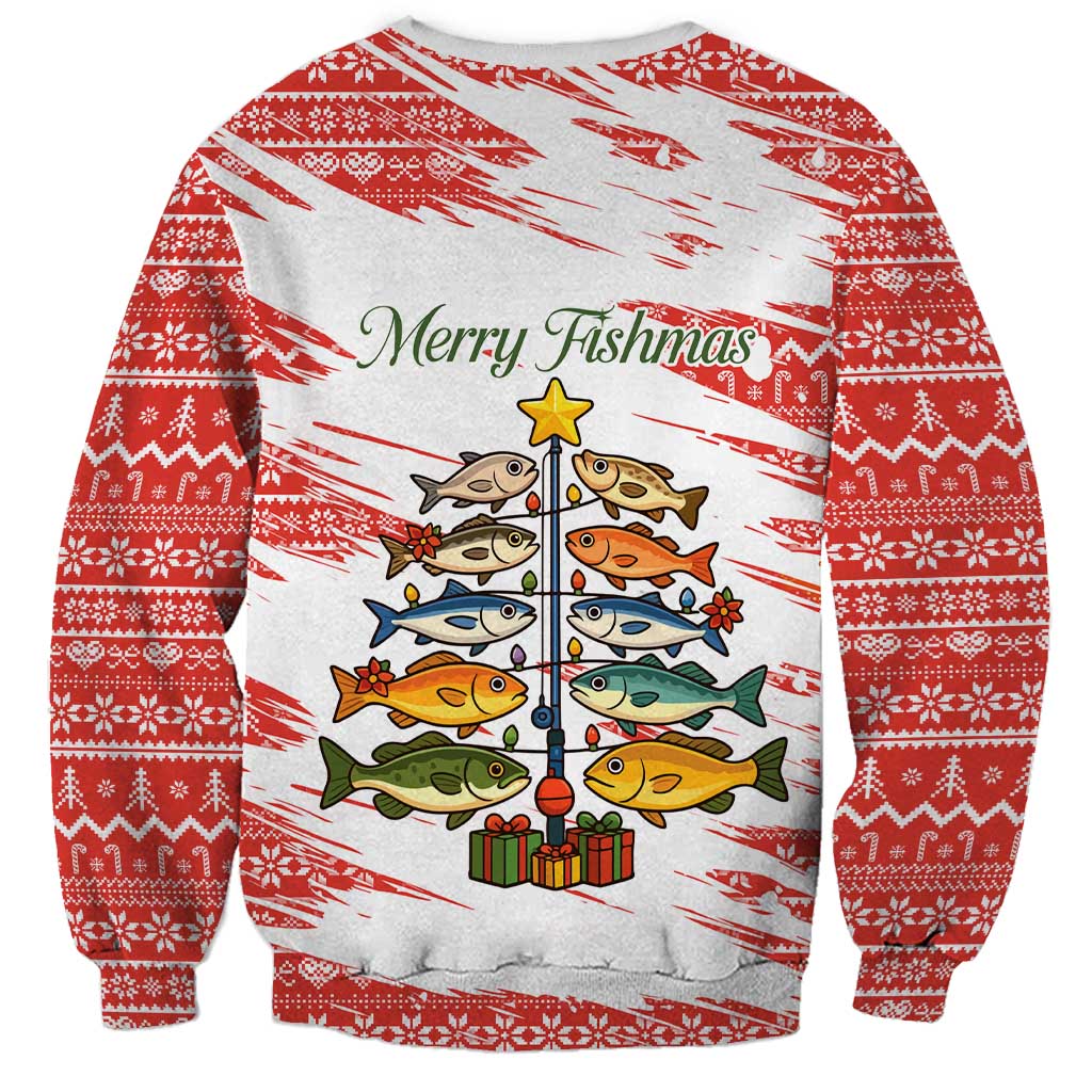 Christmas Fishing Sweatshirt with Santa Claus Fish Tree and Red Snowflake Pattern - Wonder Print Shop