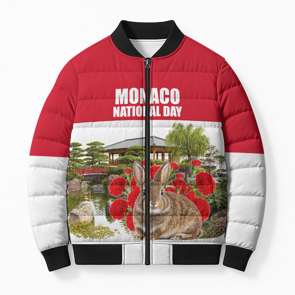Monaco National Day Bomber Puffer Jacket Patriotic Floral Japanese Garden Art