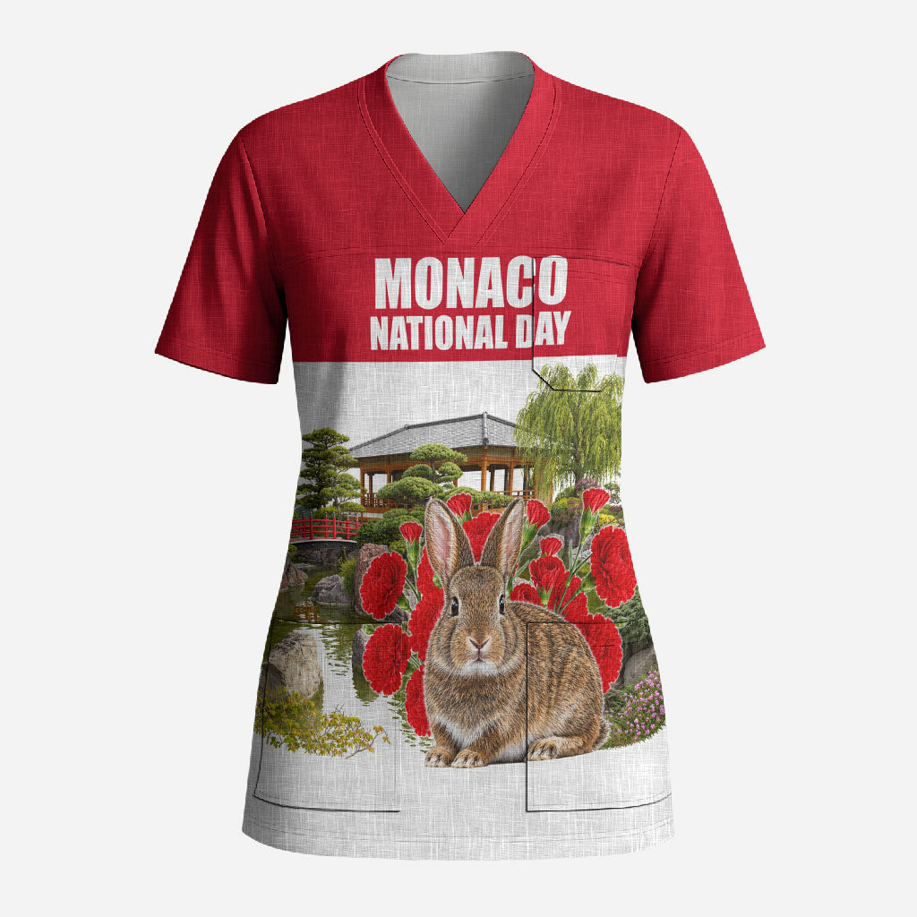 Monaco National Day Scrub Top Patriotic Floral Japanese Garden Art