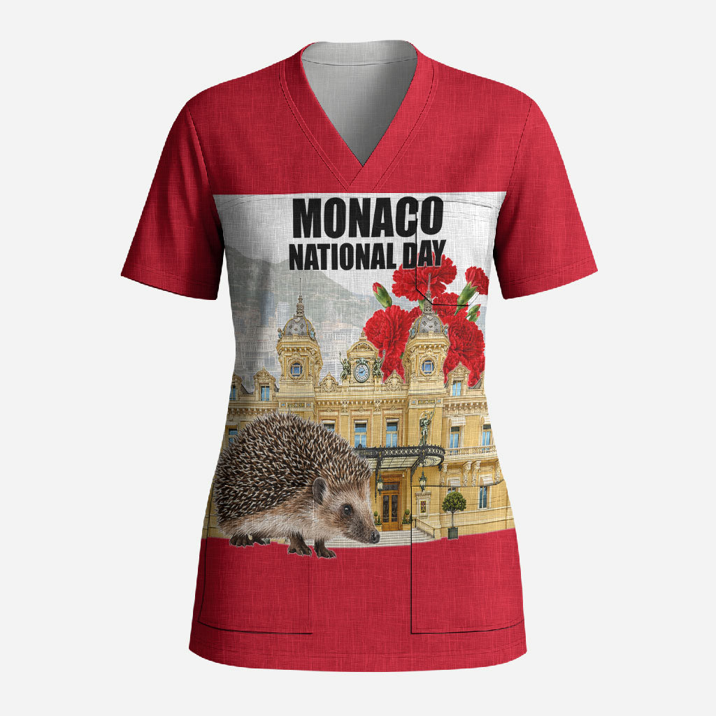 Monaco National Day Scrub Top Patriotic Monte Carlo Architecture Floral Art