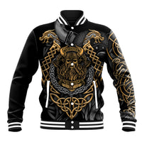 Black varsity baseball jacket with gold Viking skull graphic and striped rib trim