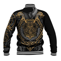 Black varsity baseball jacket with gold Viking skull back graphic and striped rib trim