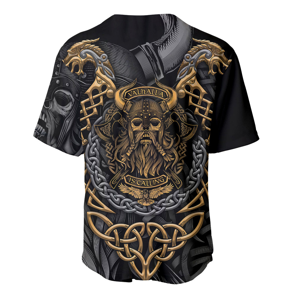 Black short-sleeve baseball jersey with gold Valhalla skull, chains, and rune accents